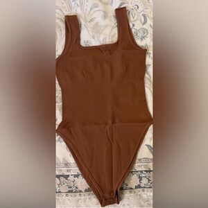 Brown Ribbed Square Neck Bodysuit Size Medium Stretch Sleeveless One Piece